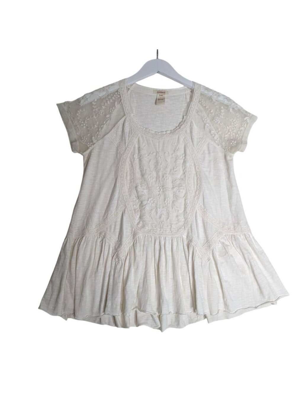 Sundance White Lace Embroidered Peplum Top  Sz XS Fairy Whimsy Boho